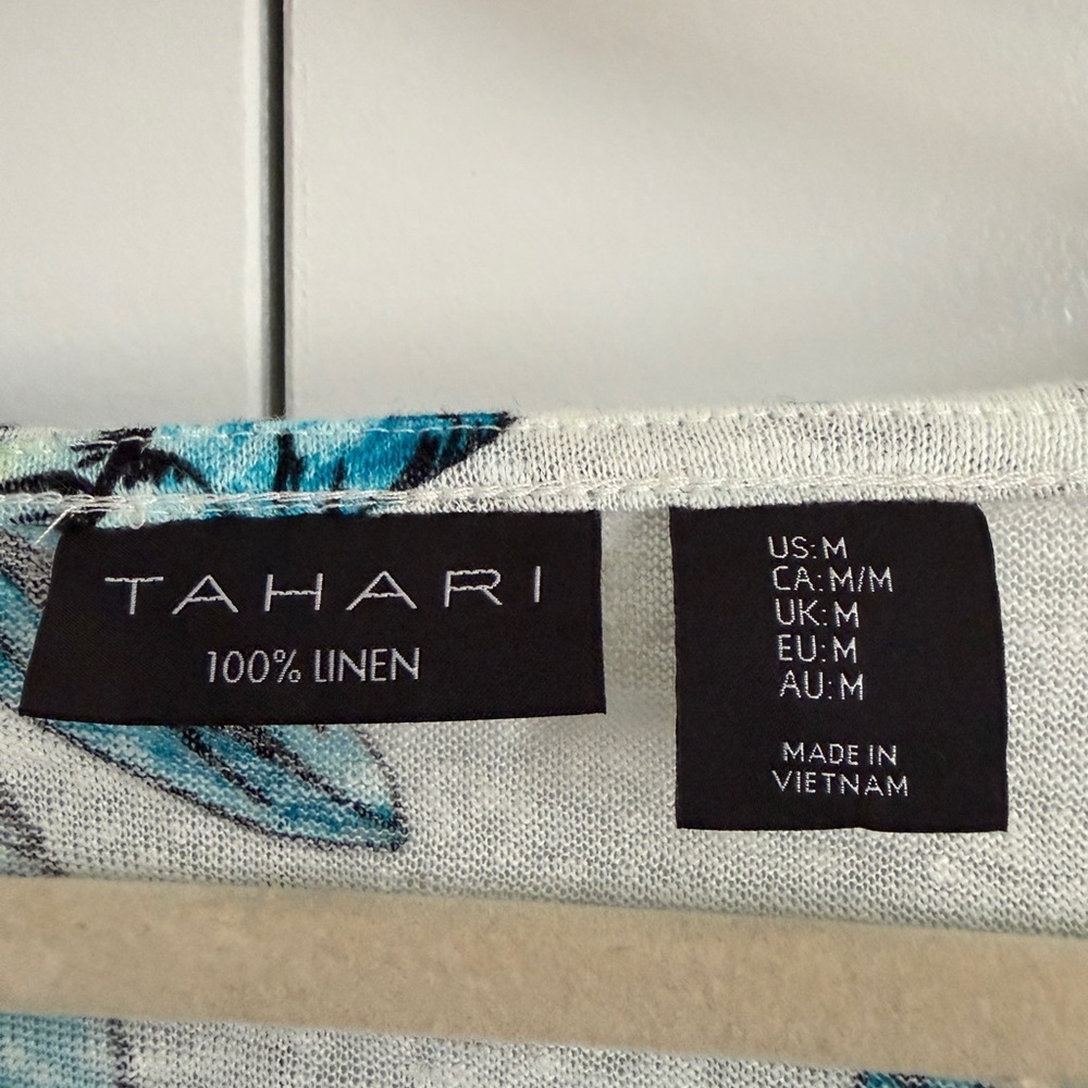 Tahari 100% Linen Floral Print Short Sleeve Blouse Women’s Size M - Picture 3 of 6